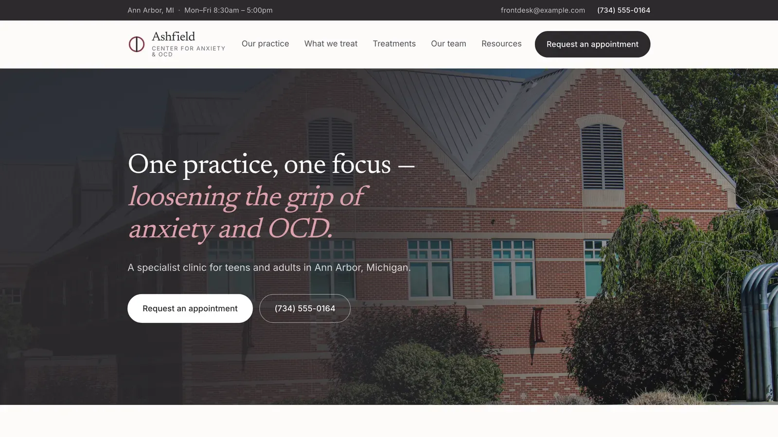 Homepage of the Folio template — Ashfield Center for Anxiety & OCD · Ann Arbor, MI
