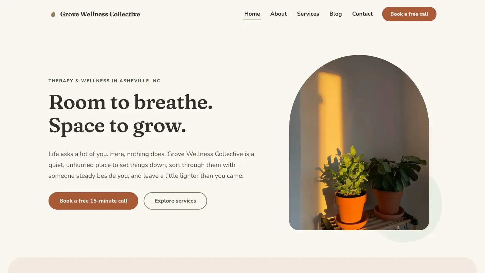 Homepage of the Grove template — Grove Wellness Collective · Asheville, NC