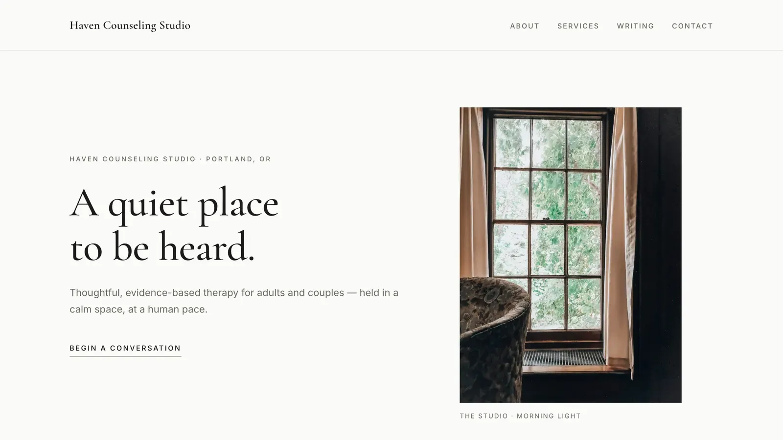 Homepage of the Haven template — Haven Counseling Studio · Portland, OR