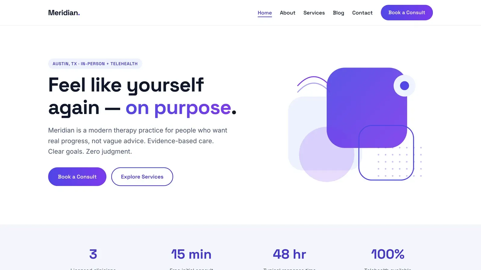 Homepage of the Meridian template — Meridian Therapy · Austin, TX